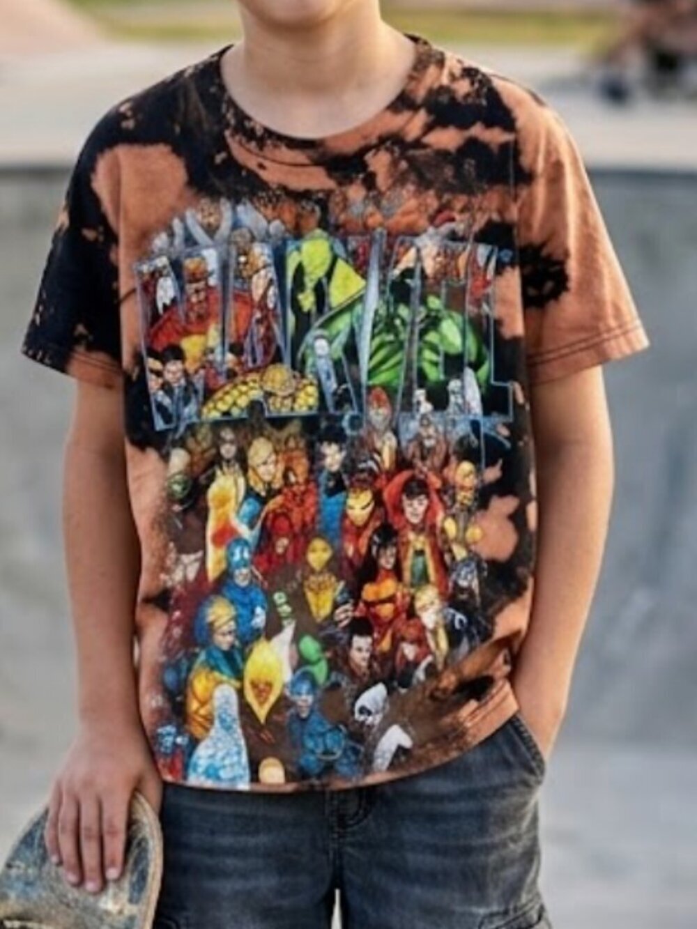 Marvel Avengers Cotton Tee Shirt Size XL Brown Black Tie Dyed Bleached Boyx